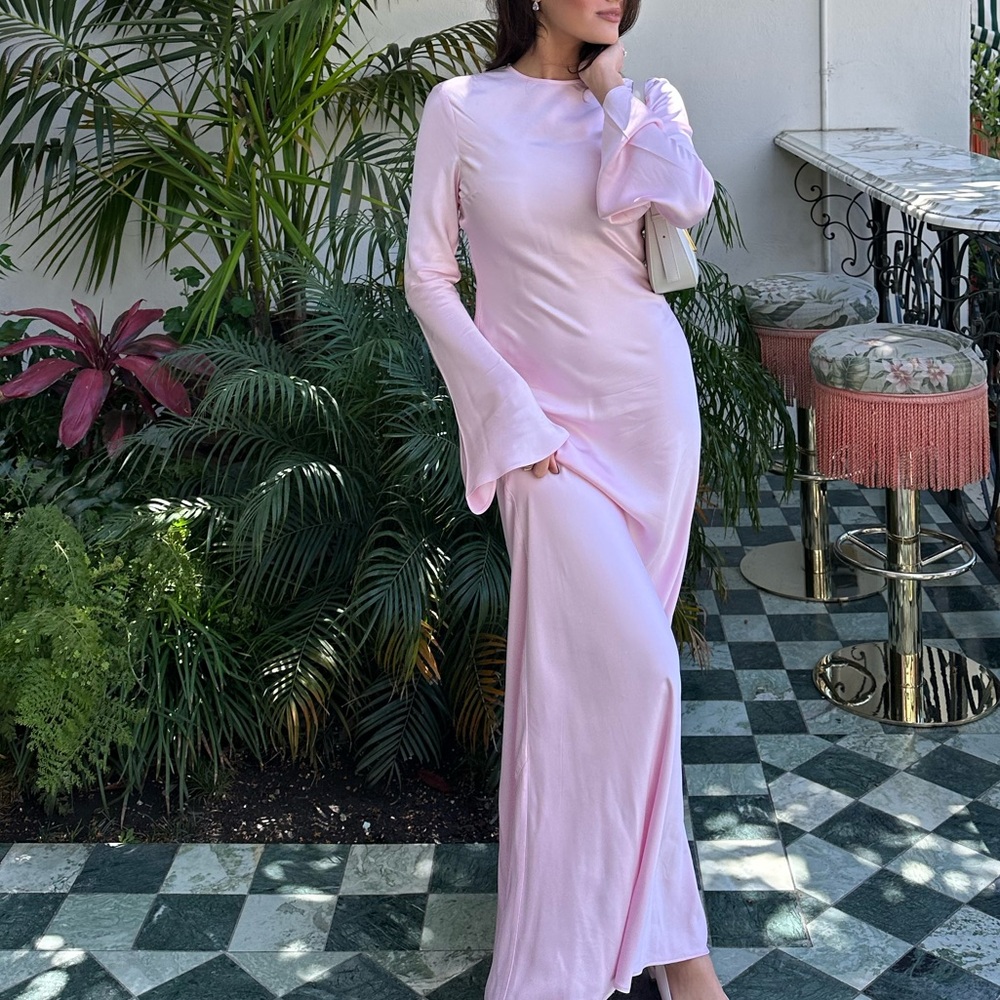 ROTATE Bridal Pink Satin Gown Long Sleeve